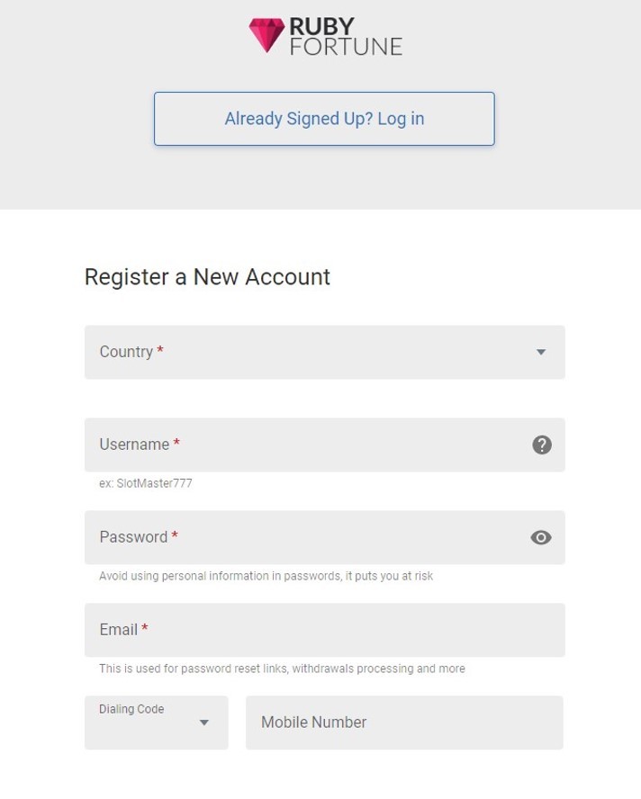 Ruby Fortune Casino Registration Step First