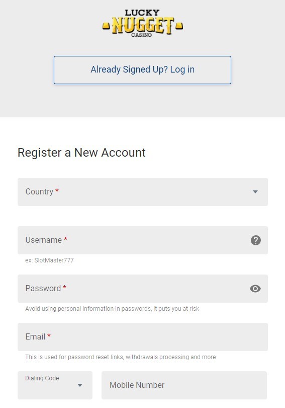 Lucky Nugget Casino Registration Step 1